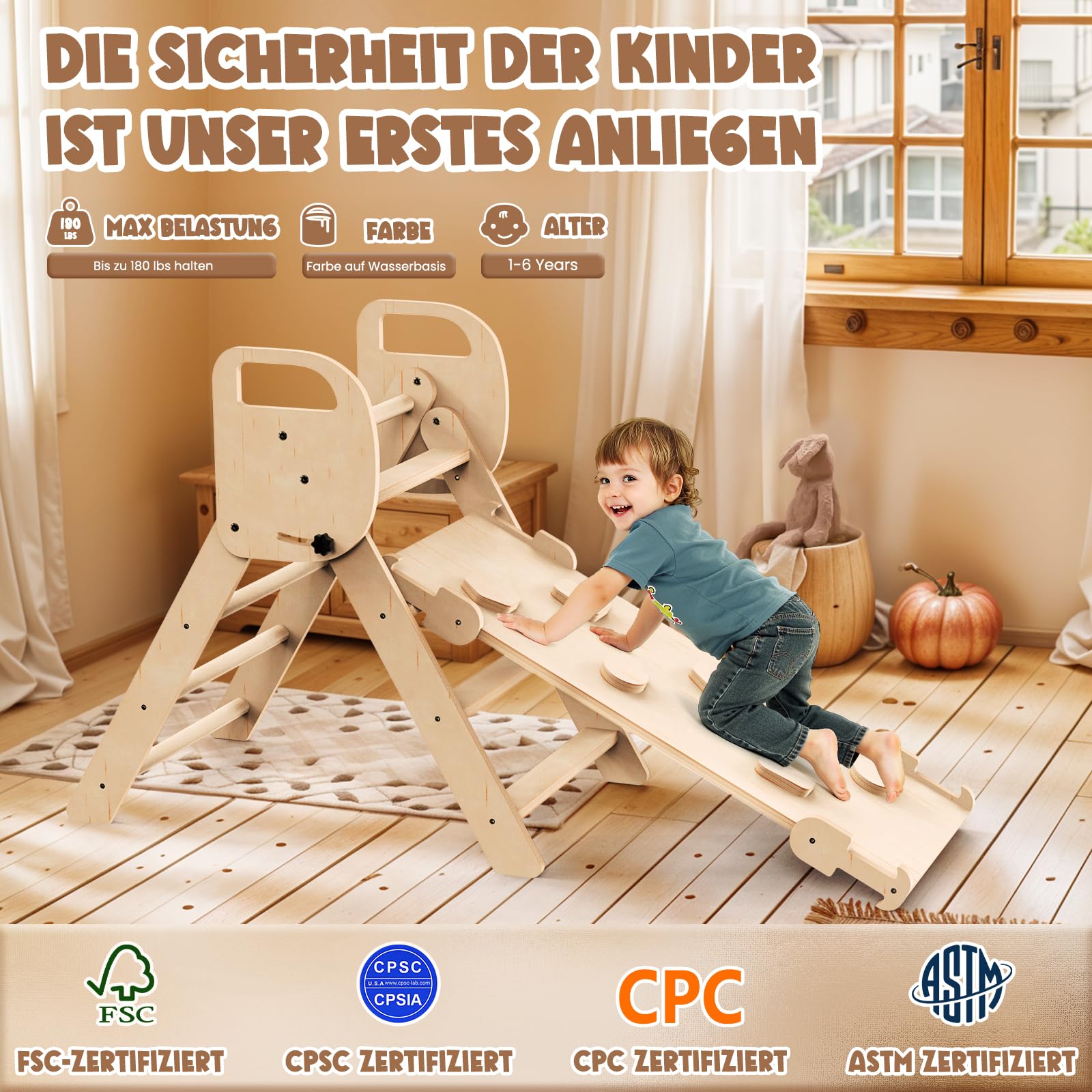 Woodure 7-in-1 Montessori Klettergerüst Indoor Set, Verformbares Kletterdreieck mit Rutsche & Kletterbogen, Hölzernes Pikler Dreieck zum Baby Klettern, Klettergerüst Montessori Spielzeug ab 1-6 Jahre