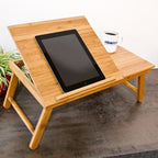 Relaxdays Laptoptisch aus Bambus HBT: 24 x 55 x 33 cm Beistelltisch mit praktischem Fach für Stifte oder Notizen verstellbarer Computertisch als Knietisch und Betttisch Notebooktisch aus Holz, natur