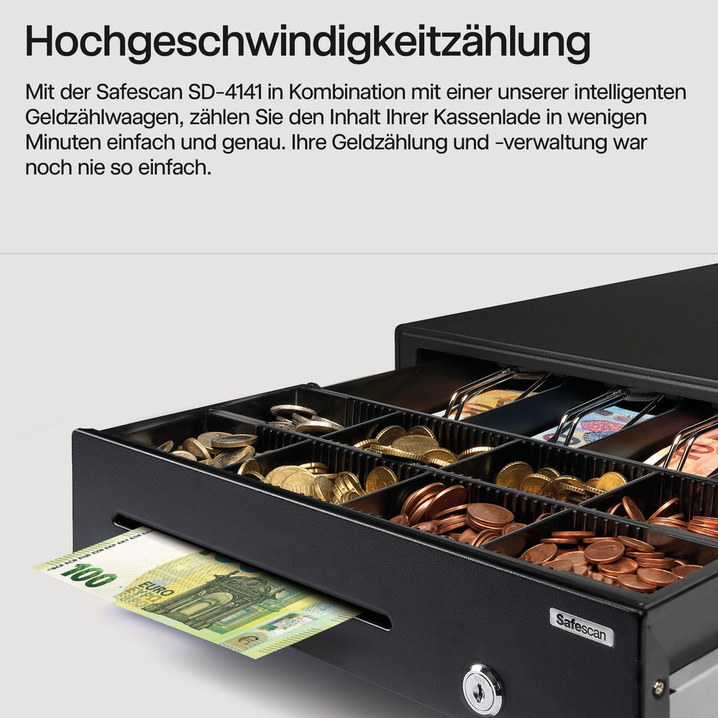 Safescan SD-4141 Standard-Duty Kassenschublade mit 4 Fächern für Banknoten und 8 für Münzen - Kassenlade mit RJ-12 Anschluss (z.B. Registrierkasse) - Solide Kassenschublade von 41,5 x 41,5 x 11,5 cm
