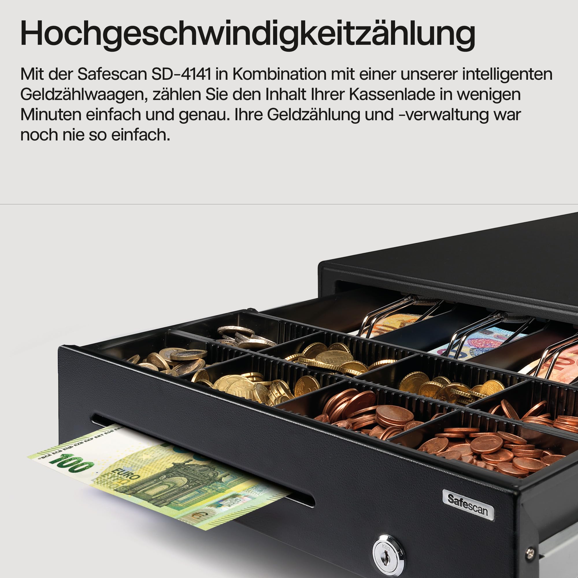 Safescan SD-4141 Standard-Duty Kassenschublade mit 4 Fächern für Banknoten und 8 für Münzen - Kassenlade mit RJ-12 Anschluss (z.B. Registrierkasse) - Solide Kassenschublade von 41,5 x 41,5 x 11,5 cm