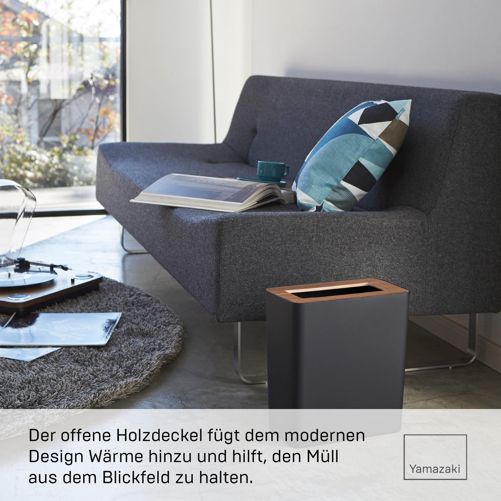 Yamazaki Rin' 3195 Papierkorb-Mülleimer für Wohnzimmer, Büro, Arbeitszimmer, Stahl, Holz, schwarz, L 28 x B 15 x H 30 cm
