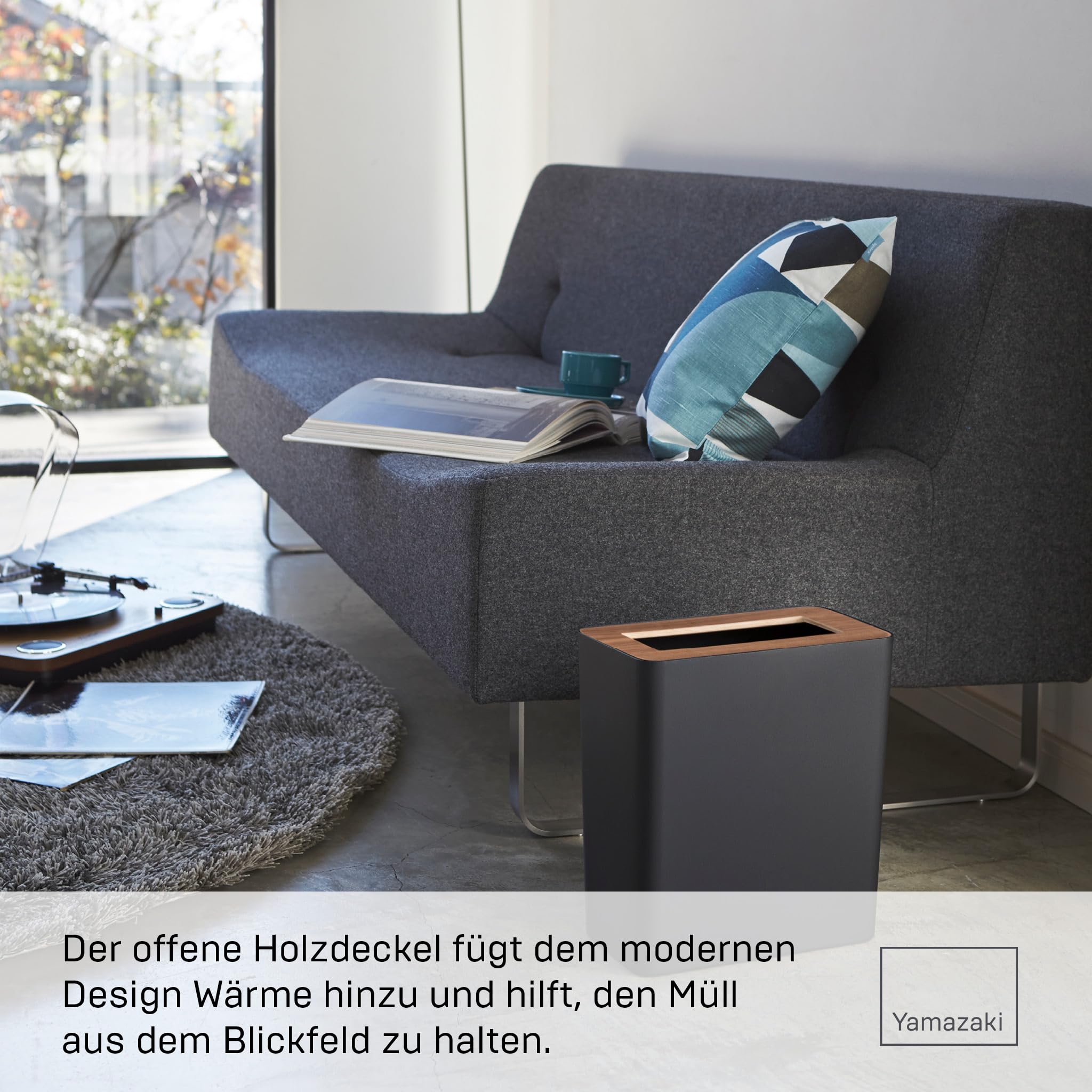 Yamazaki Rin' 3195 Papierkorb-Mülleimer für Wohnzimmer, Büro, Arbeitszimmer, Stahl, Holz, schwarz, L 28 x B 15 x H 30 cm