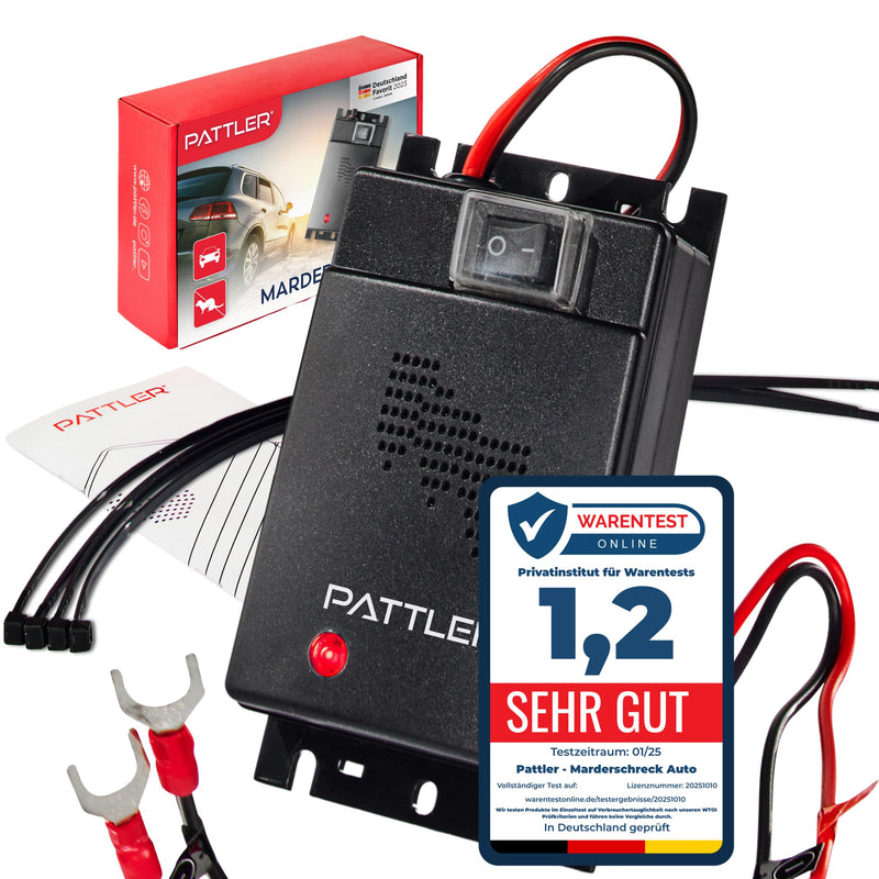 PATTLER® Marderschreck Auto - Marderabwehr mit Ultraschall. Anschluss an 12V Autobatterie. Sofortiger & Langfristiger Marderschutz im Motorraum