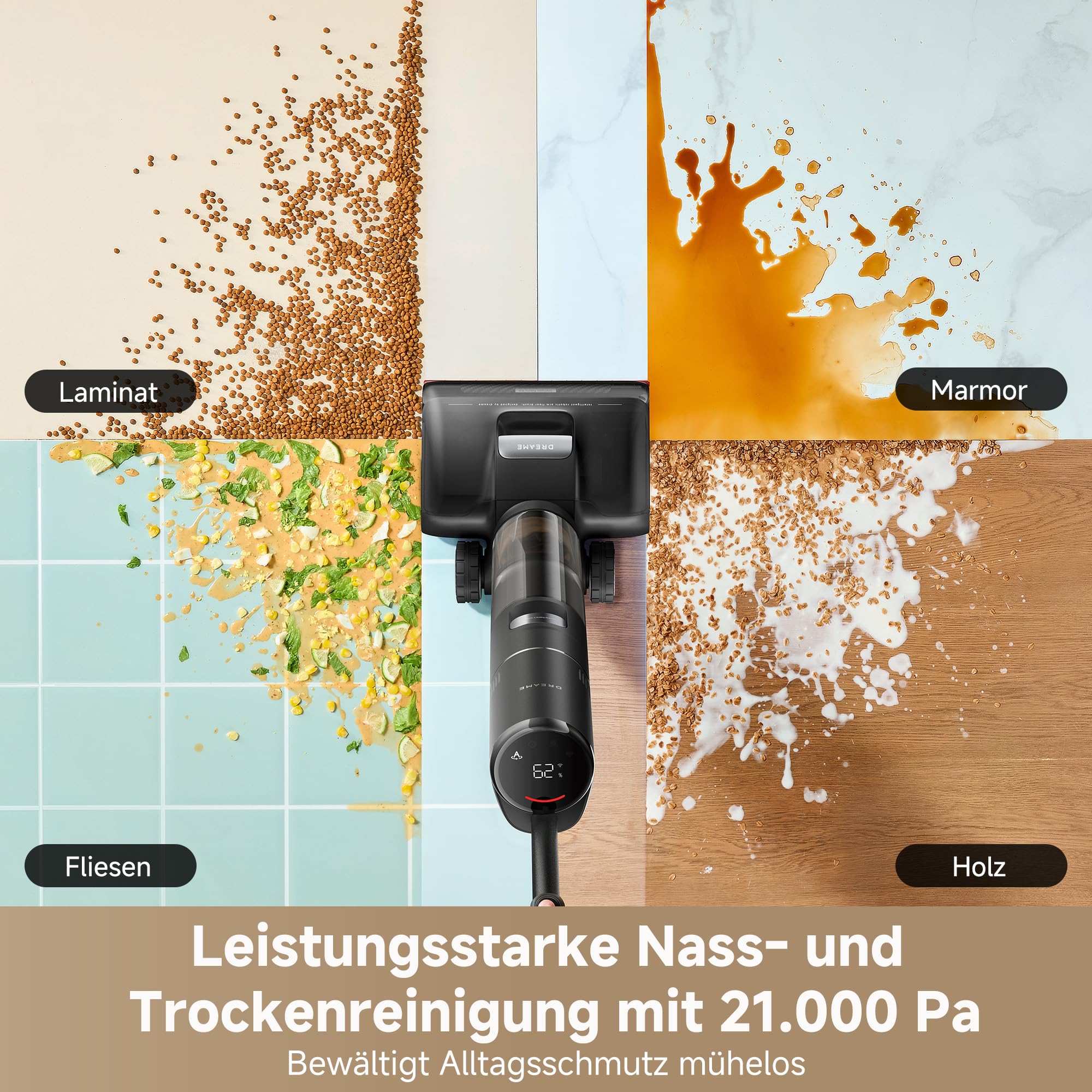 dreame H15S Nass- und Trockensauger, 3-fache Kantenreinigung, KI-Roboterarm, 21.000 Pa Saugkraft, verhedderungsfrei, 90 °C Bürstenreinigung, leise 90 °C Trocknung, flaches 180°-Design, App-Steuerung