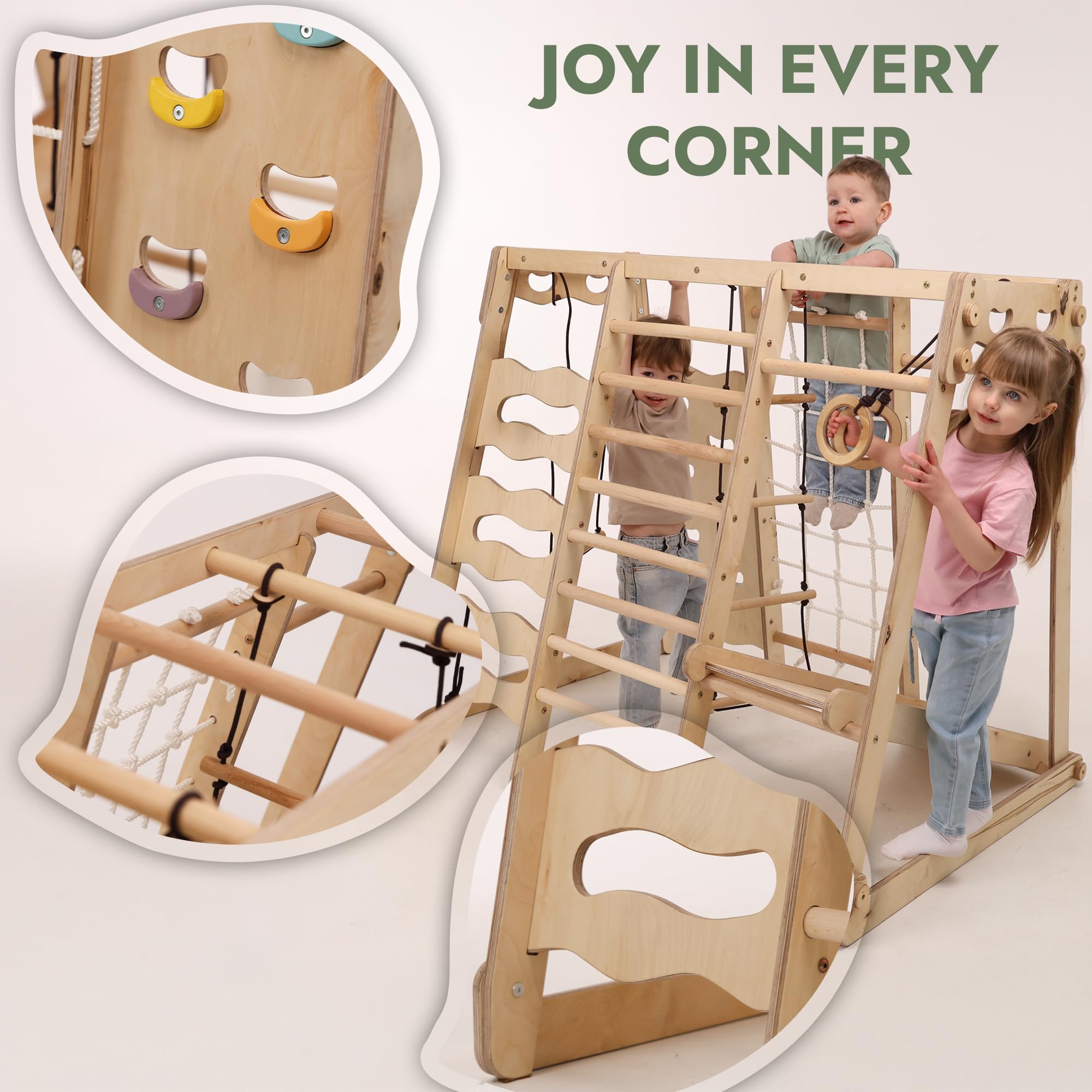Goodevas Verbessert 9-in-1 Klettergerüst Indoor für Kinder, Montessori Klettergerüst mit Rutsche, Schaukel, Kletterwand, Kletterdreieck, Kunst hinzufügen – Spielplatz für Kinderzimmer
