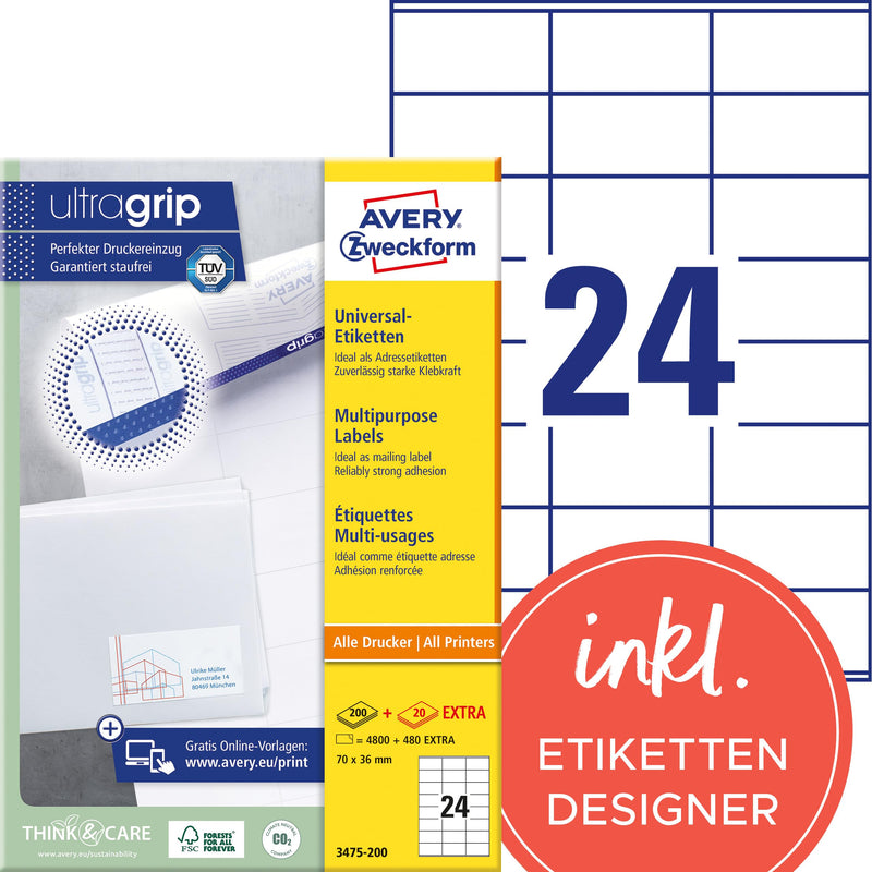 AVERY Zweckform 3475-200 Adressaufkleber (4.800 plus 480 Klebeetiketten extra, 70x36mm auf A4, Papier matt, bedruckbare Absenderetiketten, selbstklebende Adressetiketten mit ultragrip) 220 Blatt, weiß
