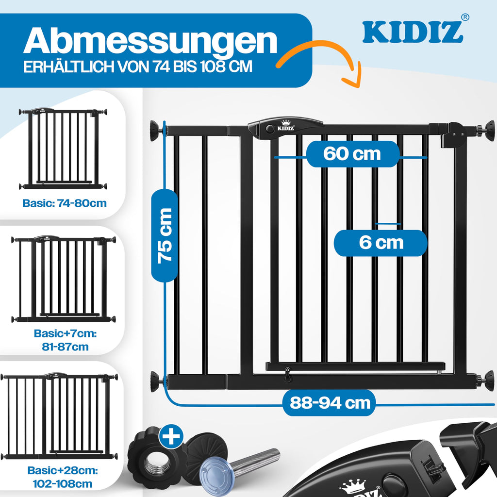 KIDIZ Treppenschutzgitter ohne Bohren | Verstellbare Breite: 88-94 cm, 75 cm hoch, Türschutzgitter und Absperrgitter für Kinder und Hunde, Beidseitige Einhand Öffnung, 90° Open-Stop System, Schwarz