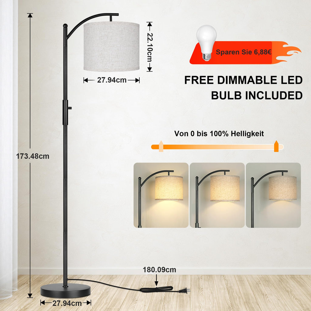 ROTTOGOON Dimmbare Stehleuchte Bogen Stehlampen für Wohnzimmer Stufenlos Dimmbare Moderne Stehlampe mit Leinenschirm Hohe Lampe für Schlafzimmer Büro Esszimmer- Schwarz