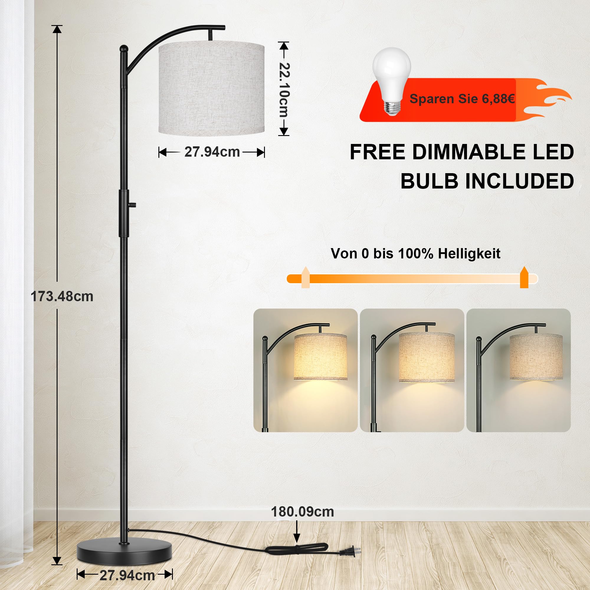 ROTTOGOON Dimmbare Stehleuchte Bogen Stehlampen für Wohnzimmer Stufenlos Dimmbare Moderne Stehlampe mit Leinenschirm Hohe Lampe für Schlafzimmer Büro Esszimmer- Schwarz