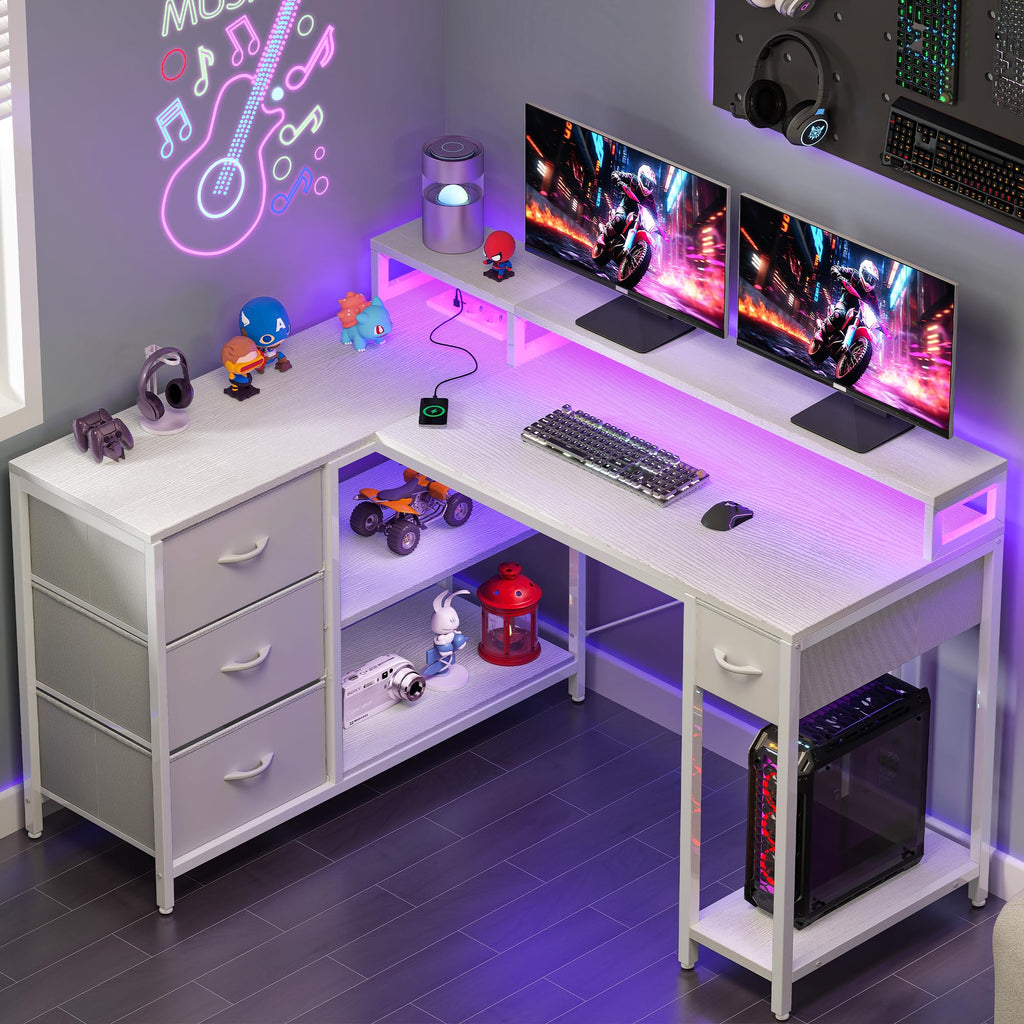YITAHOME L Form Schreibtisch mit USB Ladeanschluss und Steckdose,Reversible Eckschreibtisch mit 4 Schubladen und Regal,Gaming Schreibtische mit Monitorständer,140x100 cm Computertisch für Büro,weiß