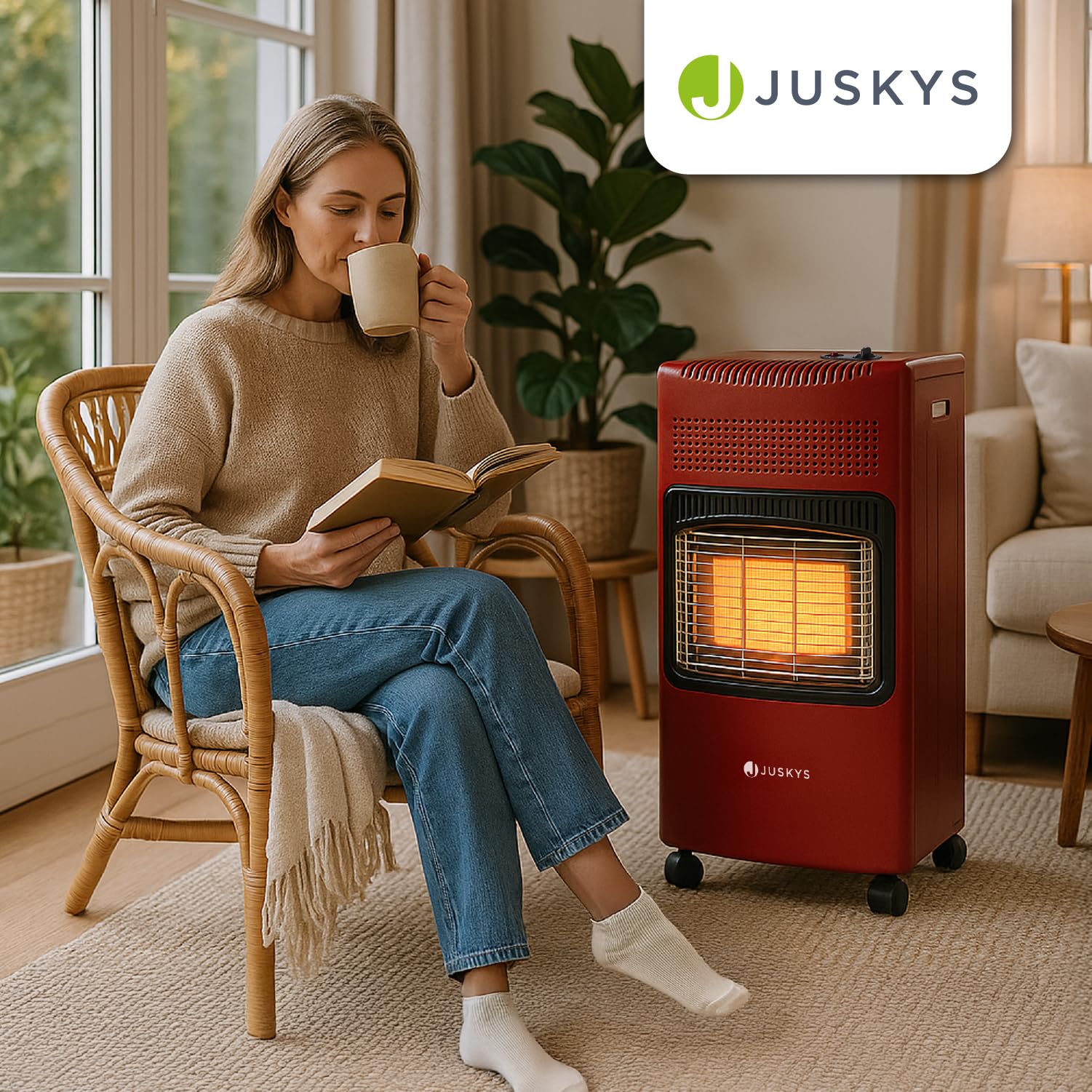 Juskys® Keramik Gasheizung GS42US in Rot - 4200 W mit Druckregler & Schlauch - Mobil, effizient & energiesparend - Gasheizer Gasheizofen Gasheizgerät