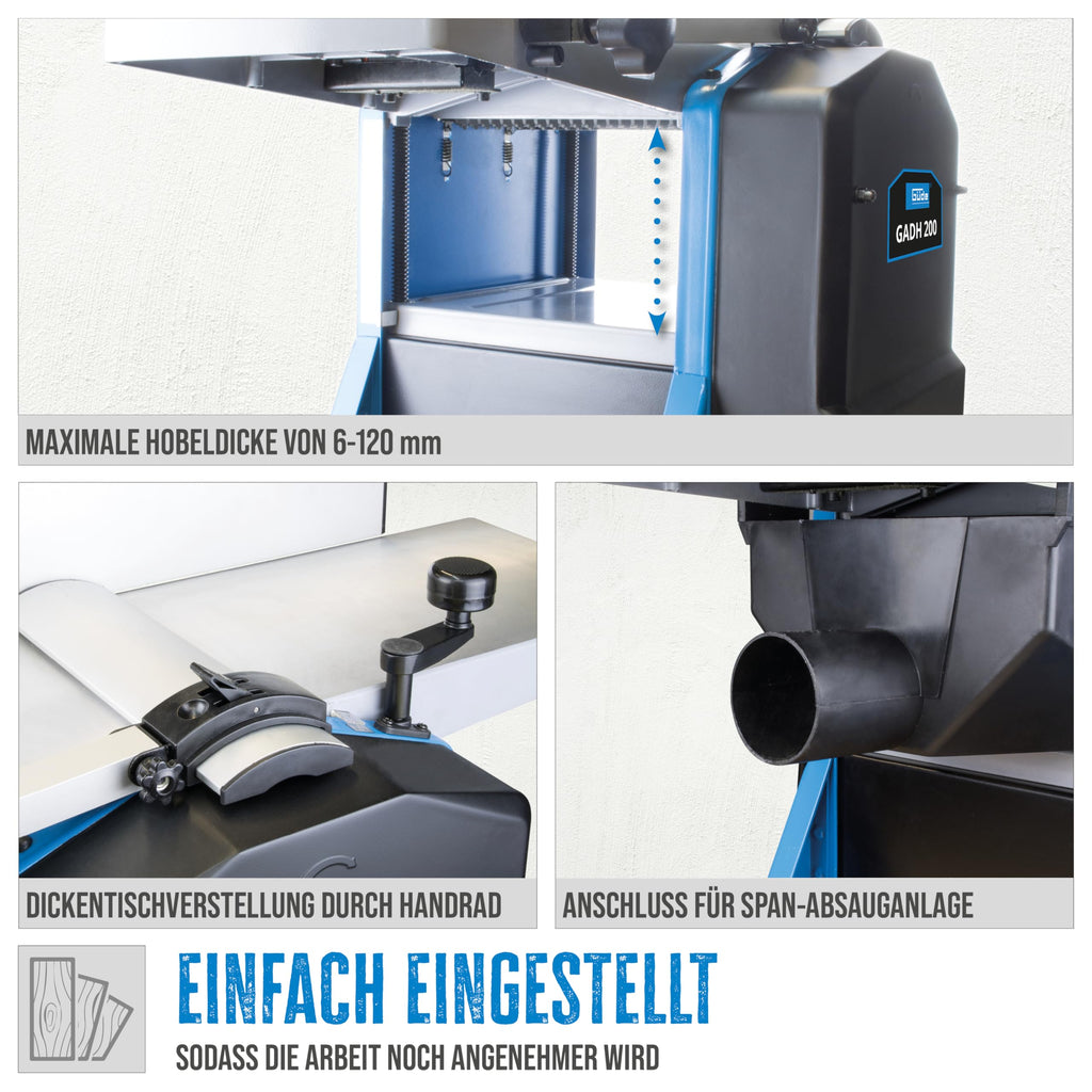 Güde 55440 Abricht- & Dickenhobel GADH 200 (Abrichttische aus Alu-Druckguss, Hobelwellenschutz, Überlastschalter), Blau, 82 x 46 cm