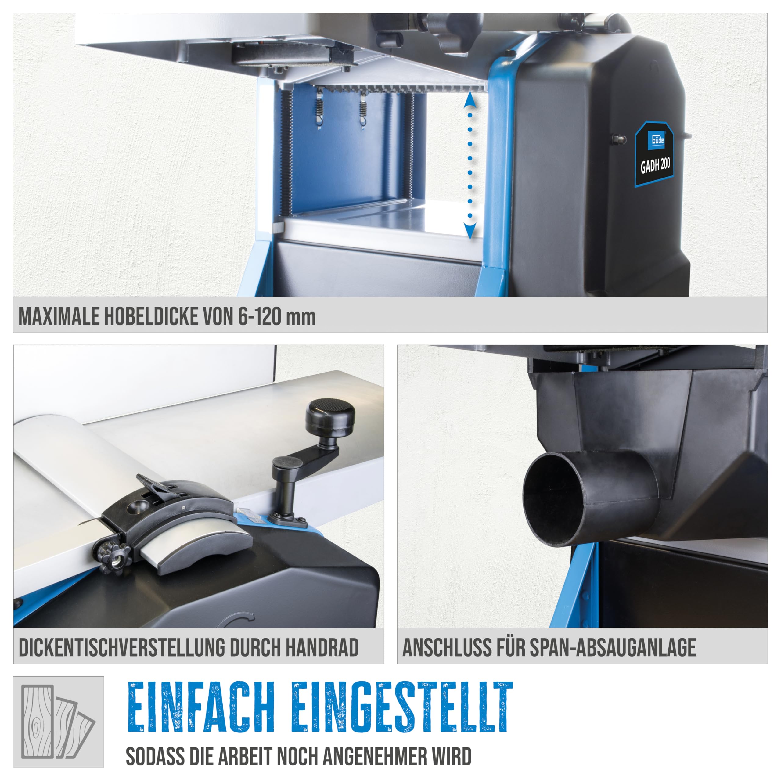 Güde 55440 Abricht- & Dickenhobel GADH 200 (Abrichttische aus Alu-Druckguss, Hobelwellenschutz, Überlastschalter), Blau, 82 x 46 cm