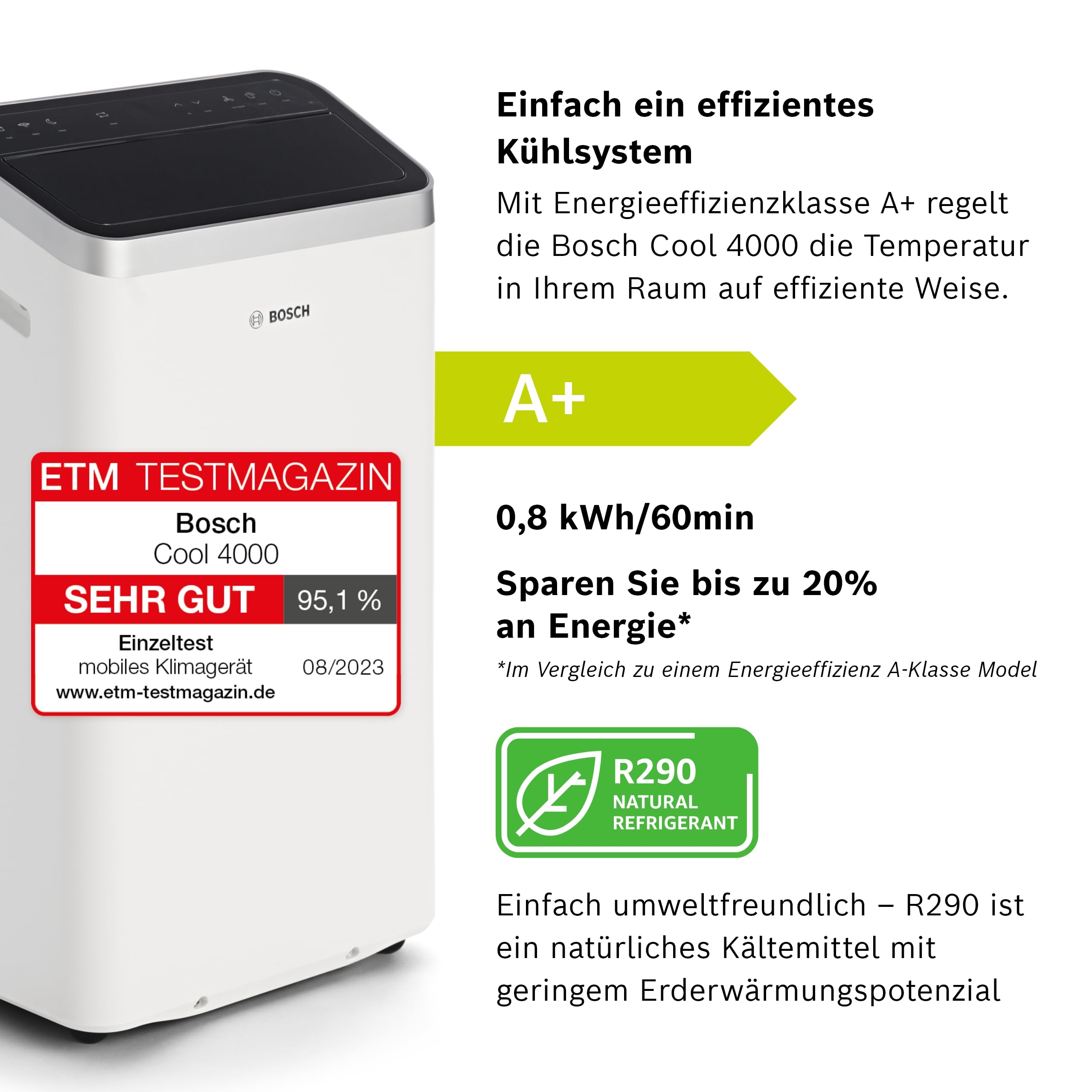 Bosch Cool 4000 Mobiles Klimagerät - 3-in-1 Klimaanlage, Luftentfeuchter, Ventilator - 2,6 kW für Räume bis zu 35m² - Mit Auto-Modus, Silent-Modus Sleep-Modus