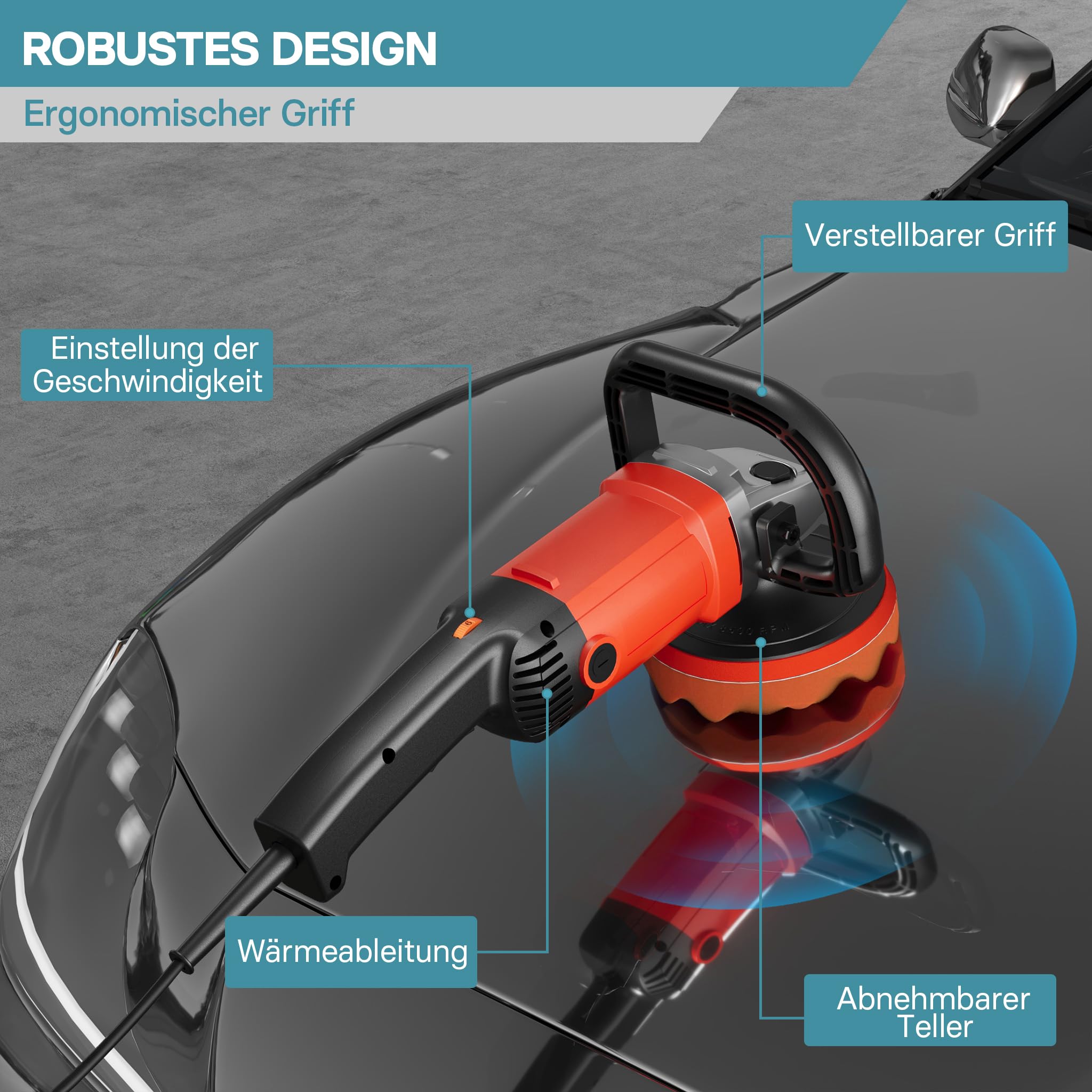 Wiltec Auto Poliermaschine Schleifmaschine 1200W bis 3000 U/min, Poliergerät mit 6 Stufen, mit Tasche und Zubehör, Tellerschleifer, Rotationsschleifer