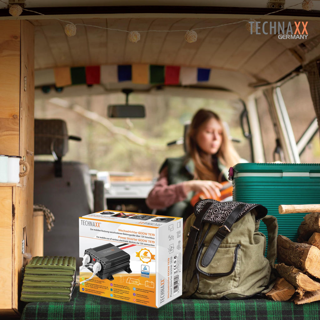 Technaxx KFZ Wechselrichter 12V auf 230V - TÜV Rheinland zertifiziert Auto Inverter mit 2x Schuko-Stecker und 2x USB-Port - Power 600W / 1200W (Spitze) – Spannungswandler TE19