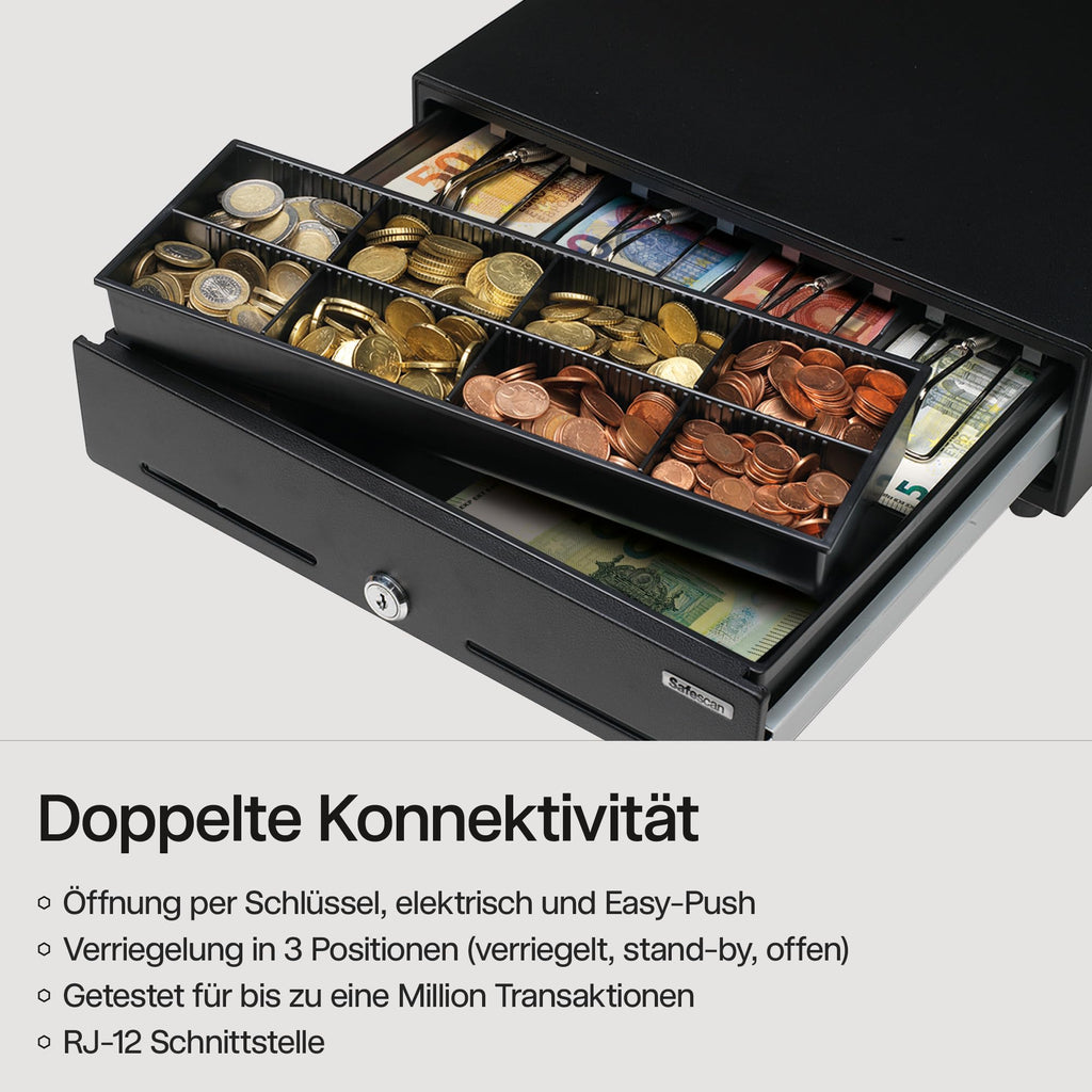 Safescan SD-3540 Standard-Duty Kassenschublade mit 4 Fächern für Banknoten und 8 für Münzen - Kassenlade mit RJ-12 Anschluss (z.B. Registrierkasse) - Solide Kassenschublade von 35 x 40,5 x 10,5 cm