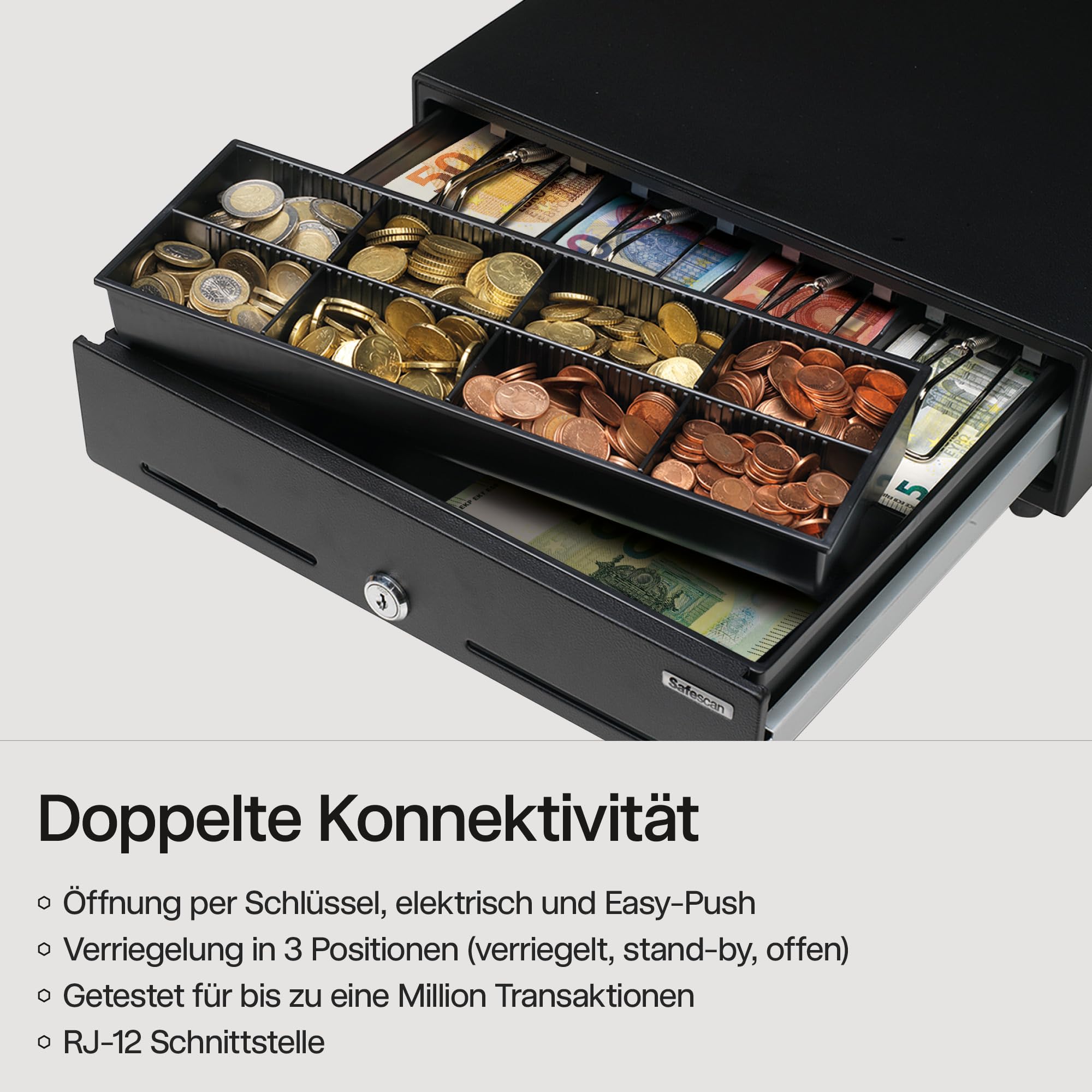 Safescan SD-3540 Standard-Duty Kassenschublade mit 4 Fächern für Banknoten und 8 für Münzen - Kassenlade mit RJ-12 Anschluss (z.B. Registrierkasse) - Solide Kassenschublade von 35 x 40,5 x 10,5 cm
