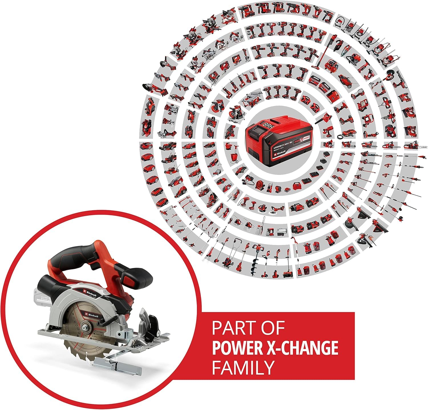 Einhell Akku-Handkreissäge TE-CS 18/150 Li-Solo Power X-Change (18 V, Li-Ion, Ø150 x Ø10 mm Sägeblatt, Schnitttiefe und Neigungswinkel werkzeuglos einstellbar, LEDs, ohne Akku und Ladegerät)