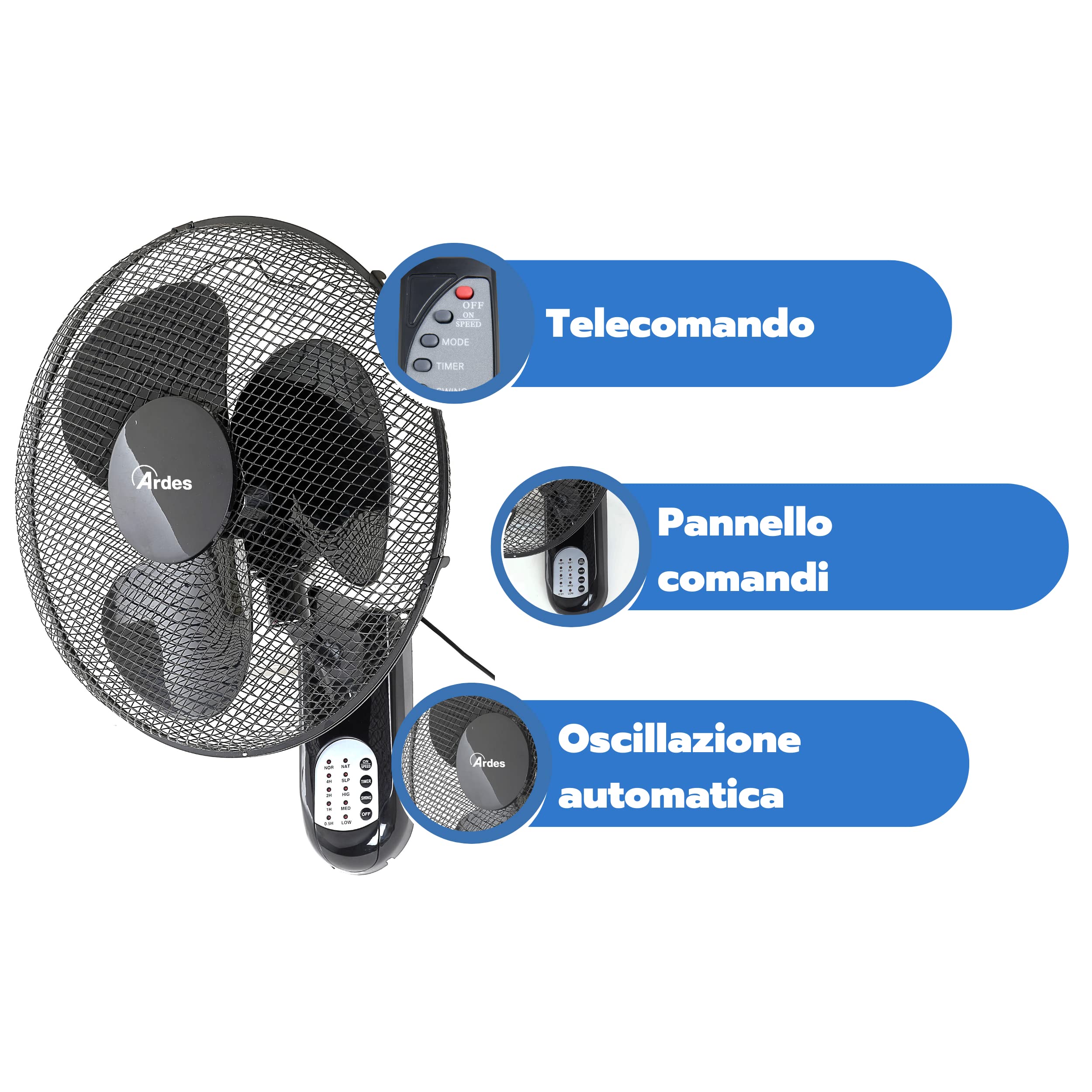 ARDES - Wandventilator mit 3 rotierenden Flügeln (40 cm), Fernbedienung, automatische Oszillation, einstellbarer Timer und 3 Geschwindigkeitsstufen, Wandventilator schwarz AR5W40R