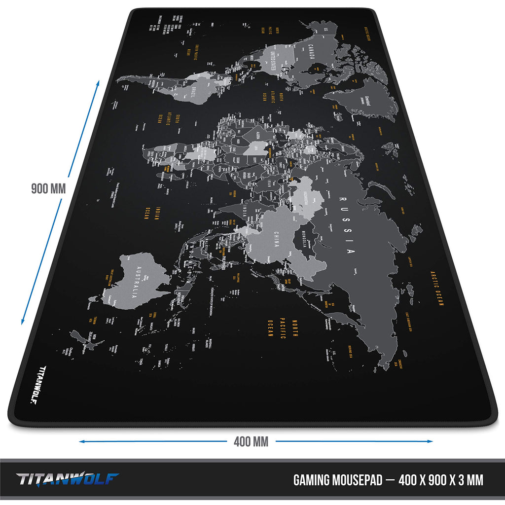 TITANWOLF - XXL Mauspad Gaming Titanwolf 900x400 mm - Mousepad XXL Gaming Groß - Tischunterlage Large Size - verbessert Präzision und Geschwindigkeit - Design Weltkarte Schwarz