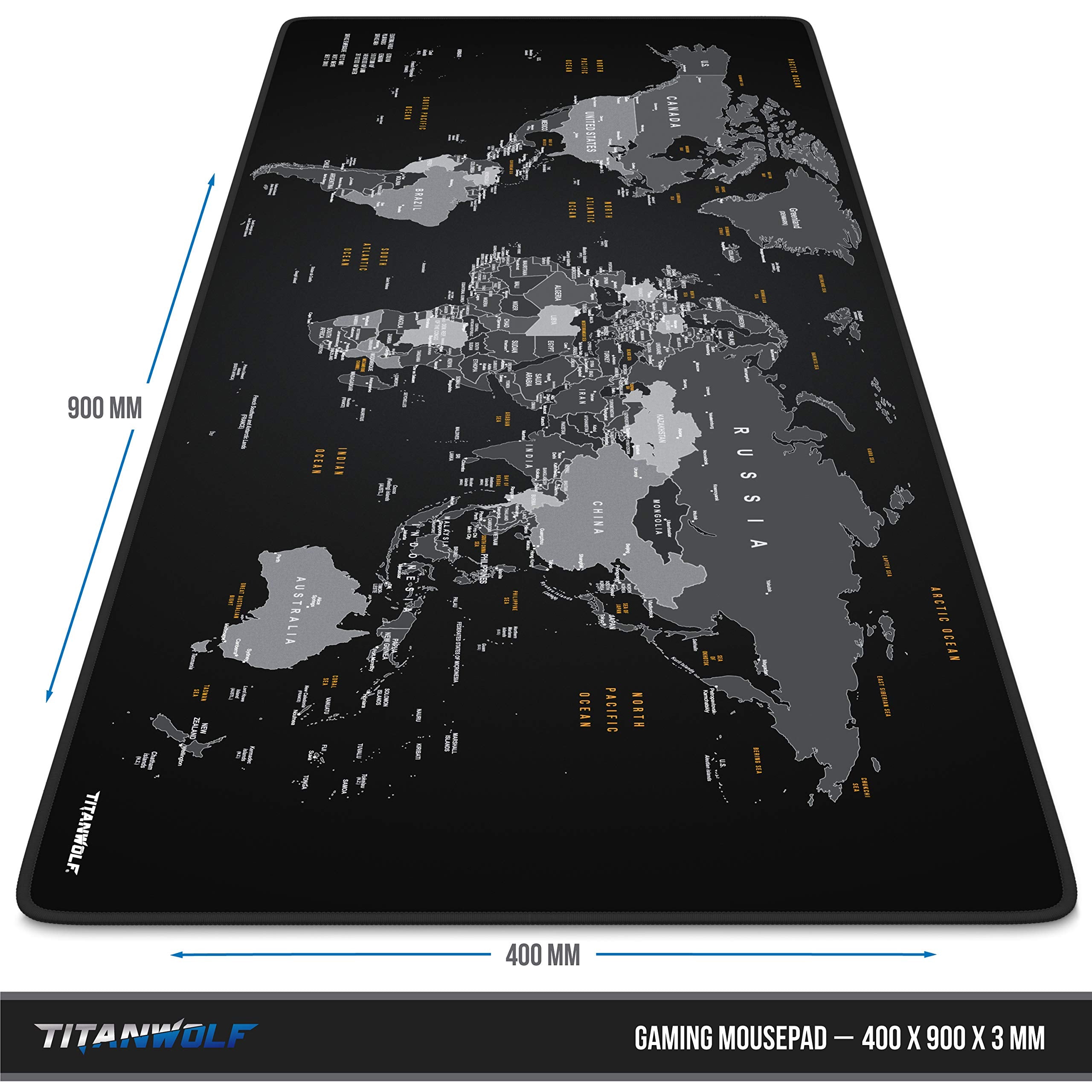 TITANWOLF - XXL Mauspad Gaming Titanwolf 900x400 mm - Mousepad XXL Gaming Groß - Tischunterlage Large Size - verbessert Präzision und Geschwindigkeit - Design Weltkarte Schwarz