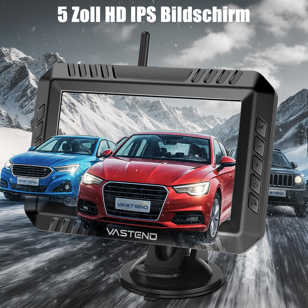 VASTEND Rückfahrkamera Kabellos 5“, 1080P Nachtsicht Monitor Auto Rückfahrkamera Funk, 150° Weitwinkel IP69 wasserdichte Kabelloses Rückfahrkameras System für Wohnwagen, LKW, PKW, SUV, Pickups(VE-5A)