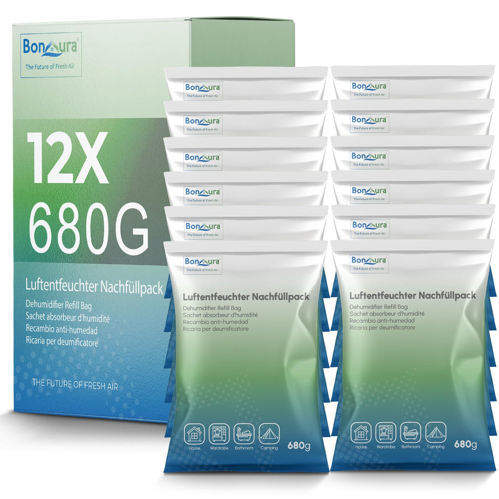 BonAura® Luftentfeuchter Nachfüllpack 12x 680g - Sparset Luftentfeuchter Granulat - 12er Set Entfeuchter Granulat - Schimmel- und Geruchsschutz