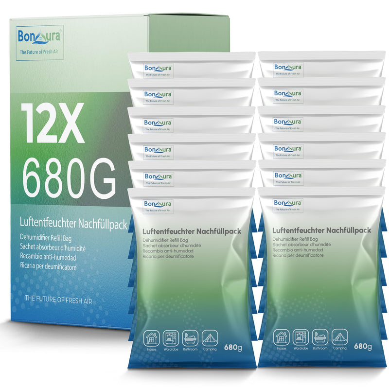 BonAura® Luftentfeuchter Nachfüllpack 12x 680g - Sparset Luftentfeuchter Granulat - 12er Set Entfeuchter Granulat - Schimmel- und Geruchsschutz