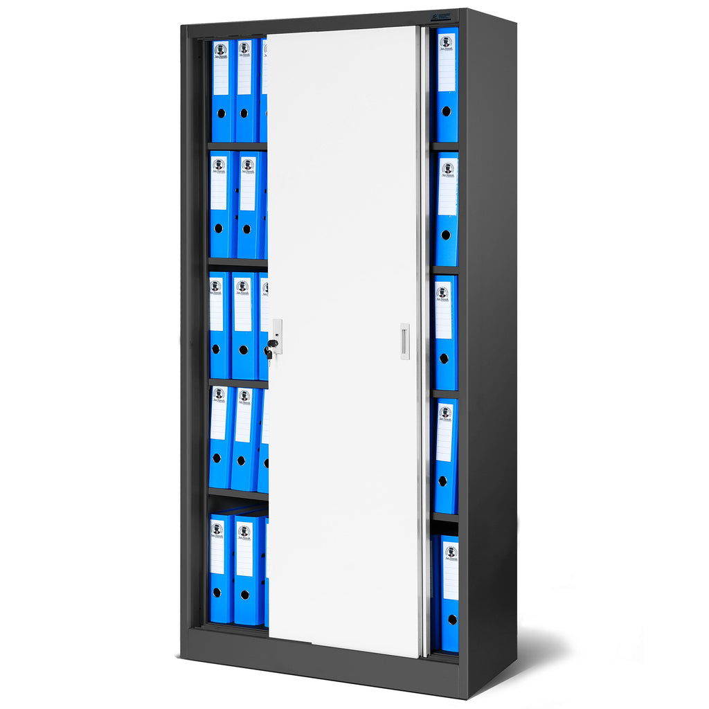 Jan Nowak Aktenschrank Büroschrank mit Schiebetüren Metall 4 Fachböden Pulverbeschichtung Abschließbar 185 cm x 90 cm x 40 cm (Anthrazit-Weiß)