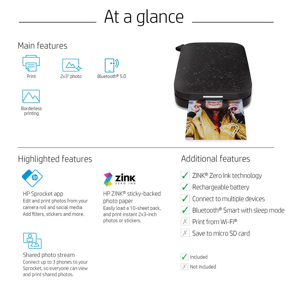 HP Sprocket Portable 2x3 Zoll Sofortbilddrucker (Schwarz) Zink-Papierbündel