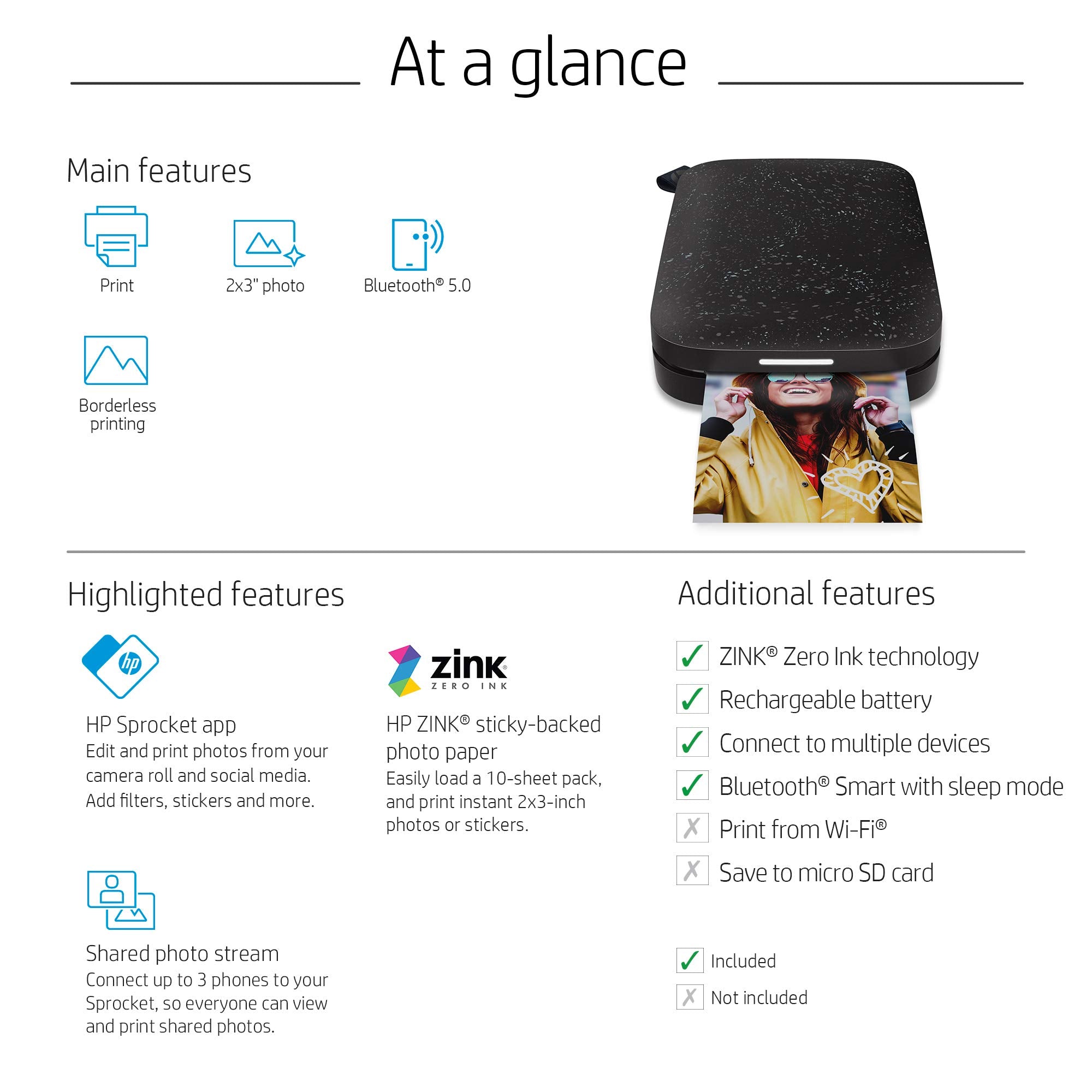 HP Sprocket Portable 2x3 Zoll Sofortbilddrucker (Schwarz) Zink-Papierbündel