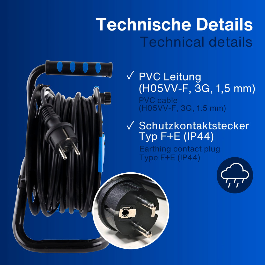 REV Kabeltrommel, IP44, Outdoor, 4 Schutzkontaktsteckdosen, 25m, schwarz