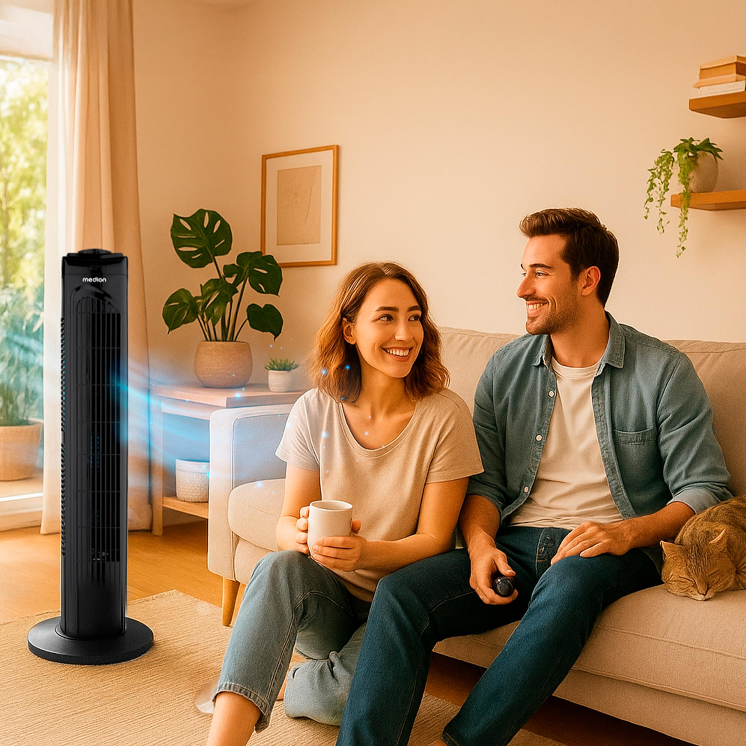 MEDION E11 TF Turmventilator mit Fernbedienung (3 Geschwindigkeitsstufen, leiser Schlafmodus, 45 Watt Leistung, 60° horizontale Oszillation, Timer, MD12067) schwarz