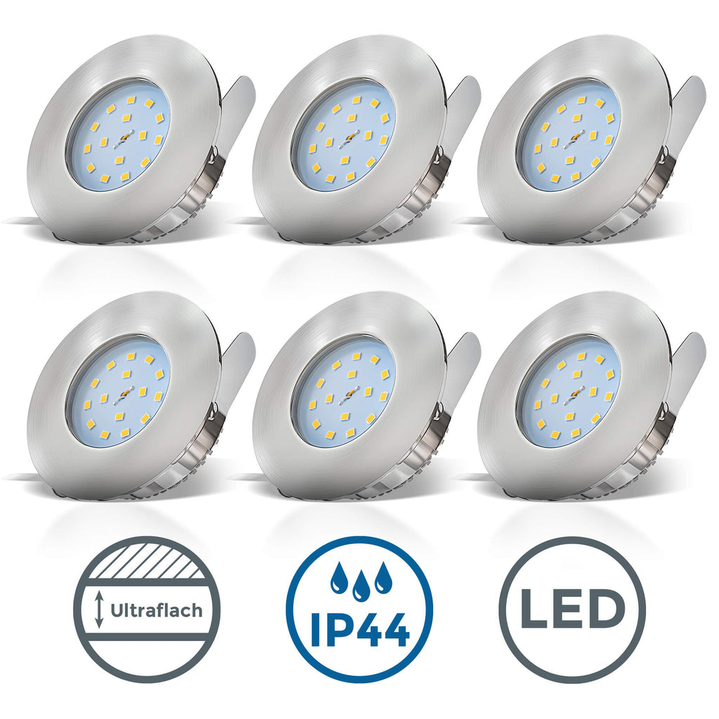 B.K.Licht - 6er Set LED Bad Einbaustrahler 230V 4,8W ultraflach IP44, 60mm Lochmass, warmweiße Lichtfarbe, Deckenspots, Spots, Einbauleuchten, Einbauspots, Badezimmer, 75x30 mm, Matt-Nickel