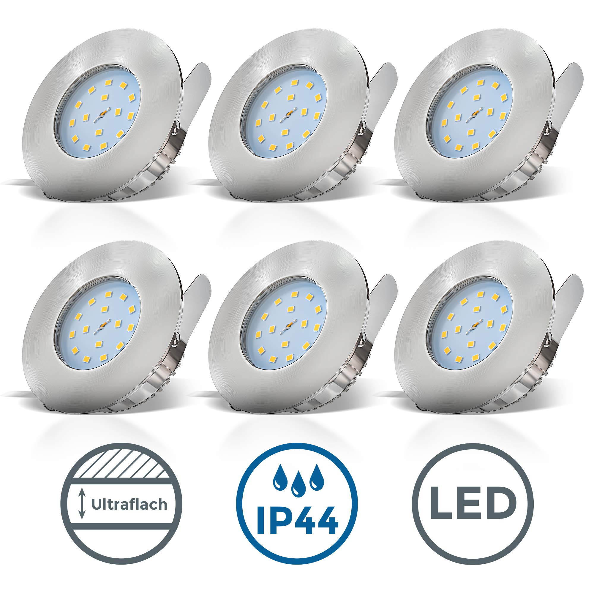B.K.Licht - 6er Set LED Bad Einbaustrahler 230V 4,8W ultraflach IP44, 60mm Lochmass, warmweiße Lichtfarbe, Deckenspots, Spots, Einbauleuchten, Einbauspots, Badezimmer, 75x30 mm, Matt-Nickel