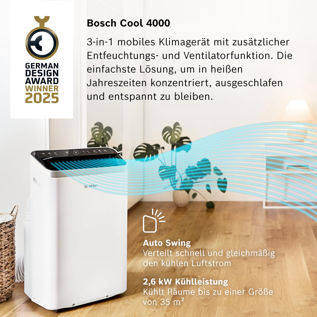 Bosch Cool 4000 Mobiles Klimagerät - 3-in-1 Klimaanlage, Luftentfeuchter, Ventilator - 2,6 kW für Räume bis zu 35m² - Mit Auto-Modus, Silent-Modus Sleep-Modus