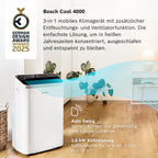 Bosch Cool 4000 Mobiles Klimagerät - 3-in-1 Klimaanlage, Luftentfeuchter, Ventilator - 2,6 kW für Räume bis zu 35m² - Mit Auto-Modus, Silent-Modus Sleep-Modus