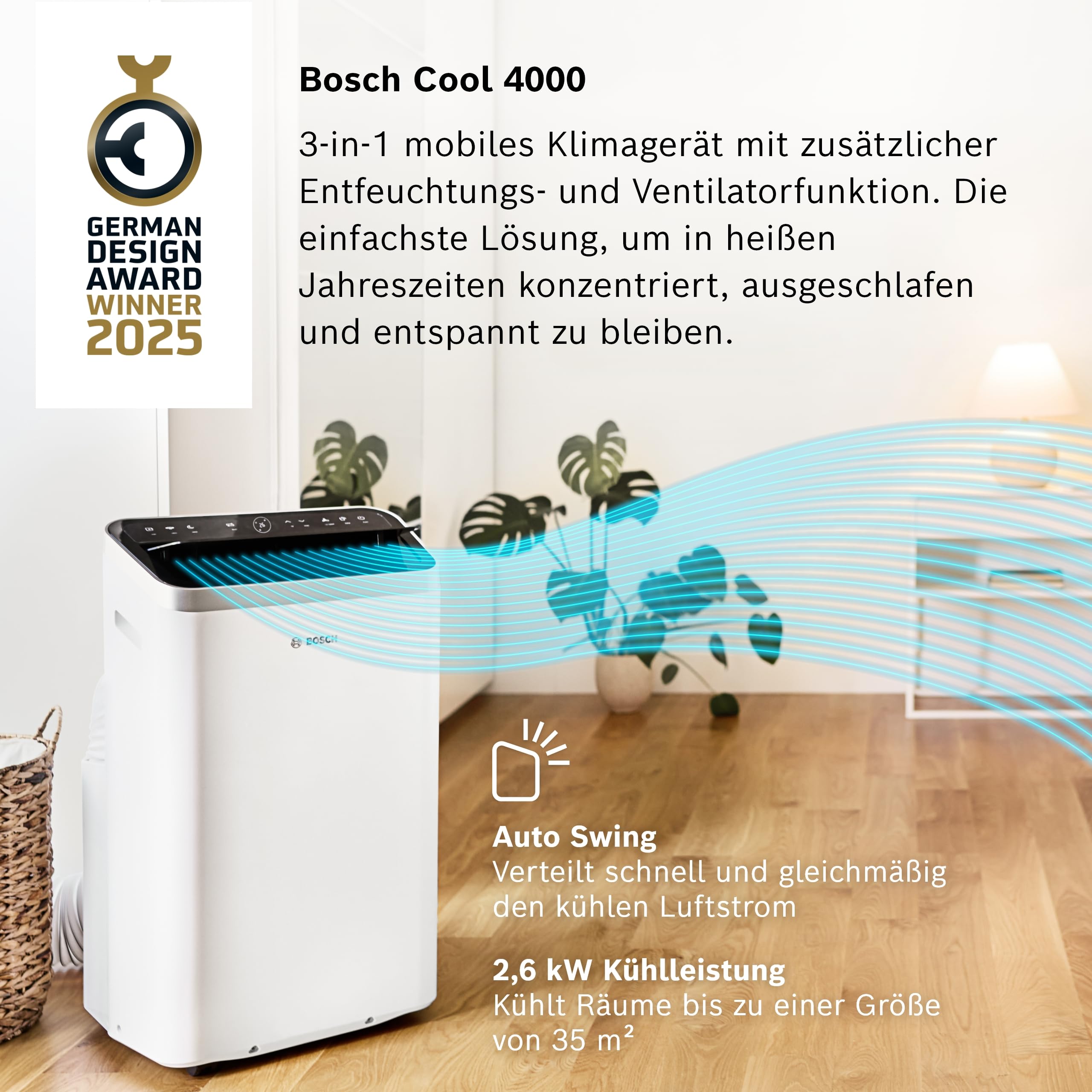 Bosch Cool 4000 Mobiles Klimagerät - 3-in-1 Klimaanlage, Luftentfeuchter, Ventilator - 2,6 kW für Räume bis zu 35m² - Mit Auto-Modus, Silent-Modus Sleep-Modus