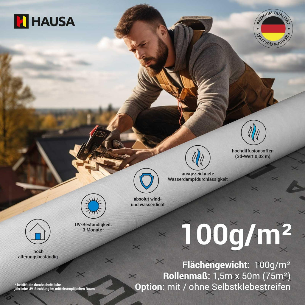 Unterspannbahn 100g/m² flexible dreilagige hochdiffusionsoffene Unterdeckbahn 1,5m x 50m (75m²) reißfest witterungsbeständig ohne Selbstklebestreifen wasserdicht Schalungsbahn HAUSA Classic HU100
