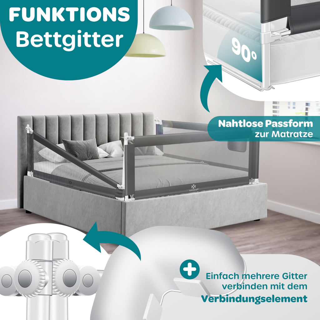 KESSER® Bettschutzgitter 200cm Reise Bett Rausfallschutz verstellbar Bed Guard Rail Bumper, Kinder/Baby, Bettgitter Klappbar, Kinderbett Kinderbettschutzgitter, Tasche, Dunkelgrau, Höhe: 72 bis 96cm