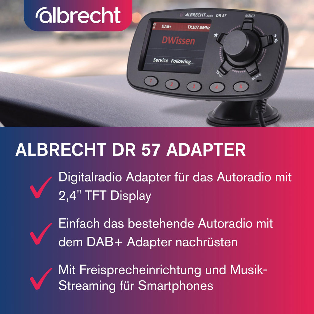 Albrecht DR 57 DAB+ Autoradio-Adapter, zum kabellosen Aufrüsten von KFZ-Radios, DAB+ & Musik-Streaming, inkl. Freisprechfunktion, 27257, schwarz