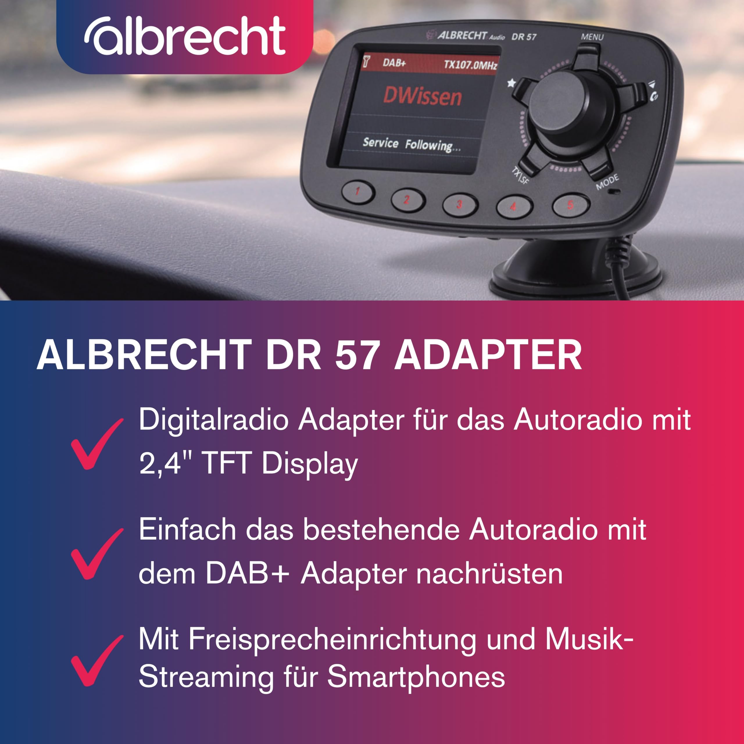 Albrecht DR 57 DAB+ Autoradio-Adapter, zum kabellosen Aufrüsten von KFZ-Radios, DAB+ & Musik-Streaming, inkl. Freisprechfunktion, 27257, schwarz