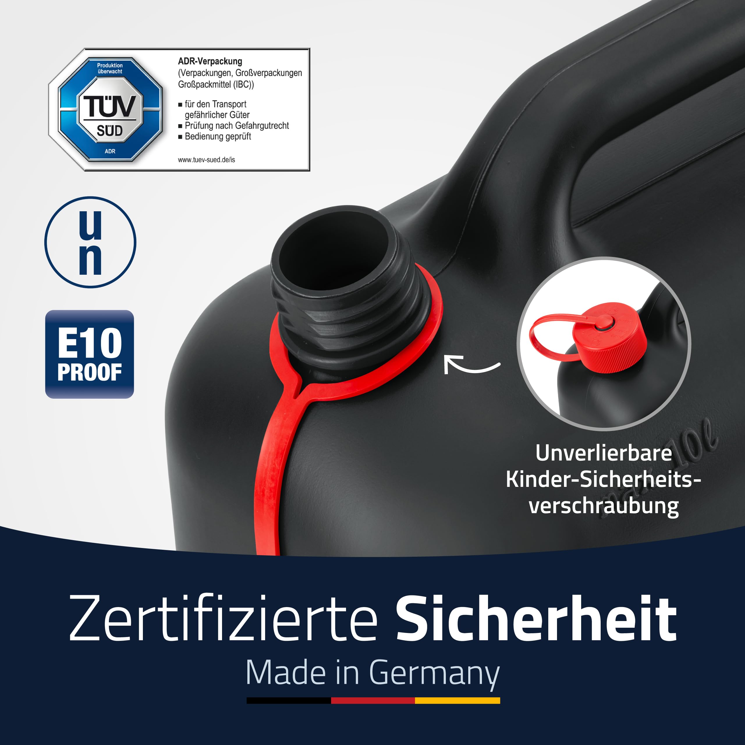 hünersdorff Kraftstoff-Kanister 812800 STANDARD 10l für Benzin, Diesel und andere Gefahrgüter, UN-Zulassung, made in Germany, TÜV-geprüfter Produktion, schwarz