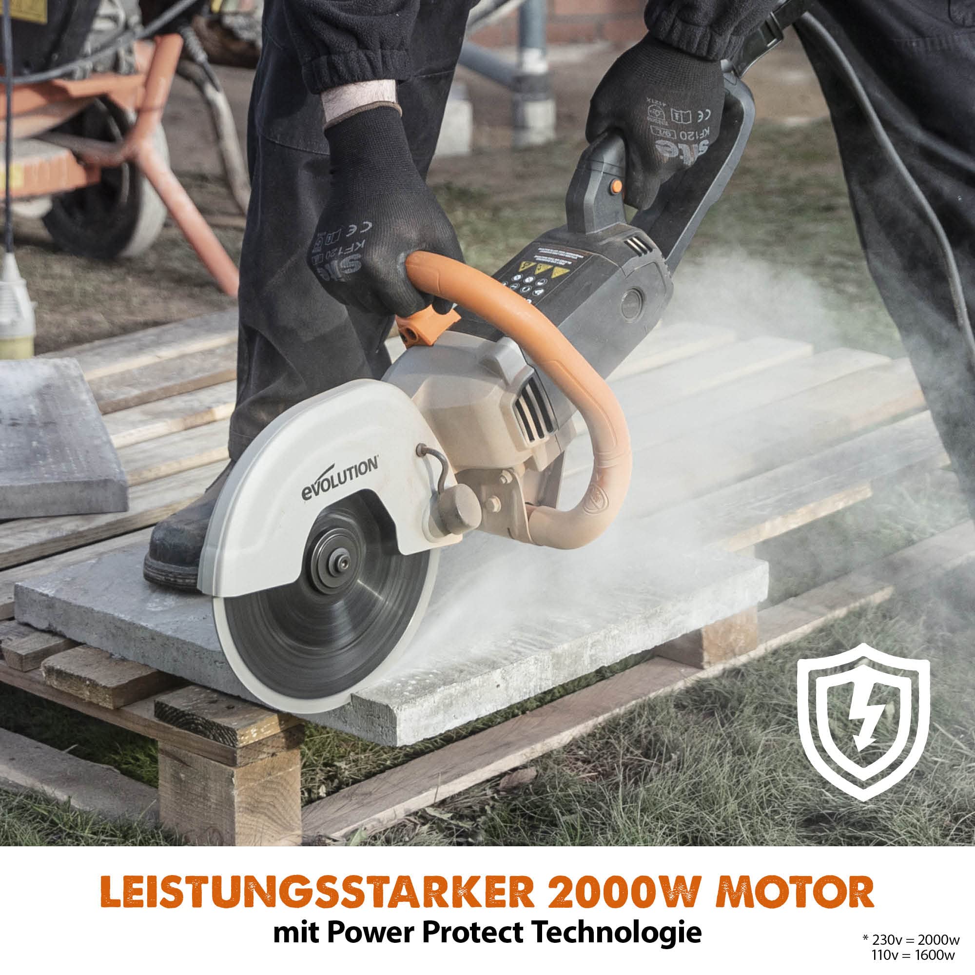 Evolution R230DCT Betonsäge Elektrische Steinsäge 2000W Steinschneidemaschine 230 mm Scheibendurchmesser Sägeblatt Diamantblatt Nicht Enthalten, 90 mm Schnitttiefe, Schneidet Mauerwerk und Beton