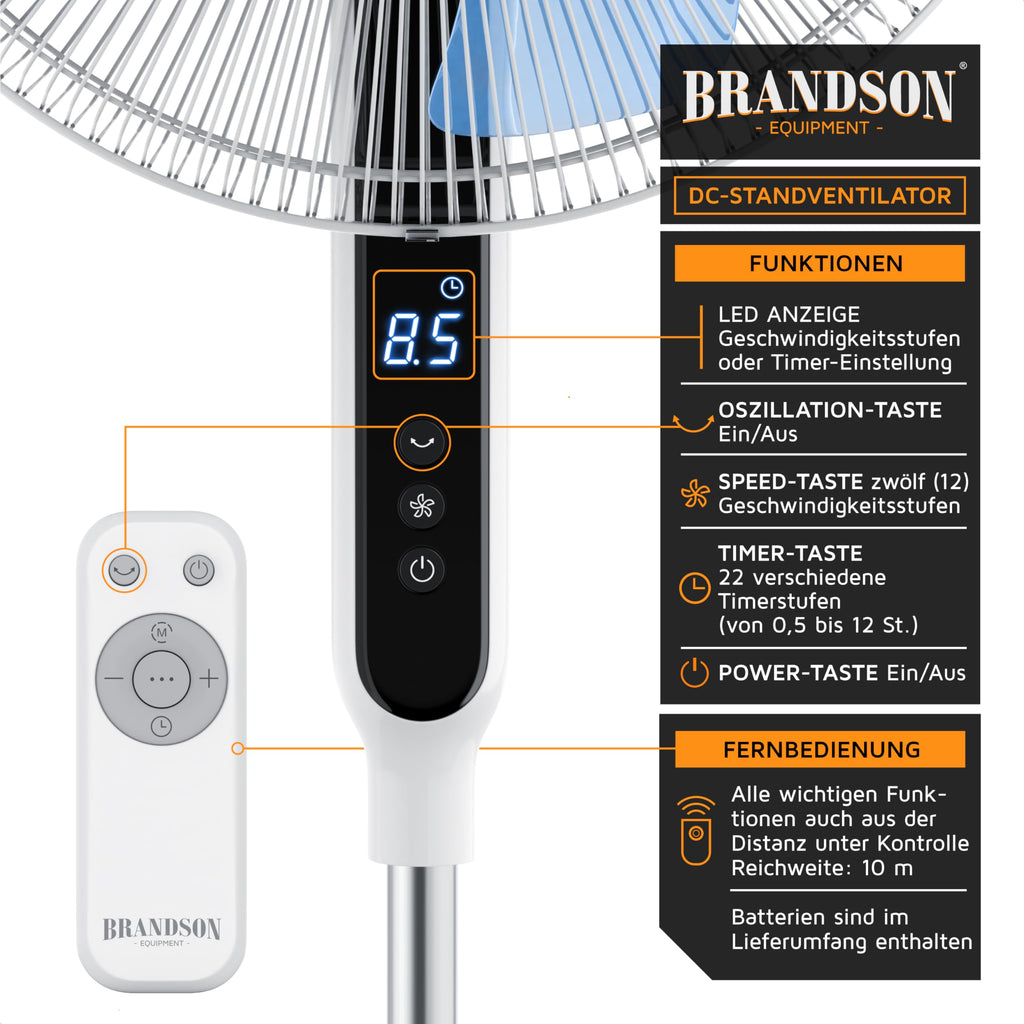 Brandson - DC Standventilator energiesparend ECO - Fernbedienung - Brushless Silent Motor, sehr leise – Preisträger 2025-80° Oszillation - Ventilator Timer – 12 Stufen - LED Display