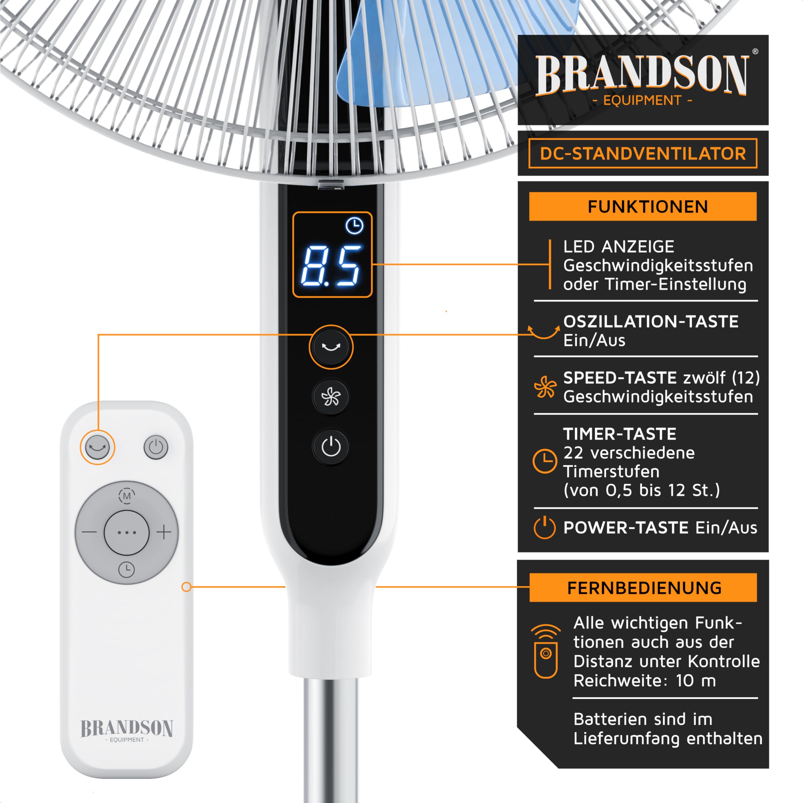 Brandson - DC Standventilator energiesparend ECO - Fernbedienung - Brushless Silent Motor, sehr leise – Preisträger 2025-80° Oszillation - Ventilator Timer – 12 Stufen - LED Display