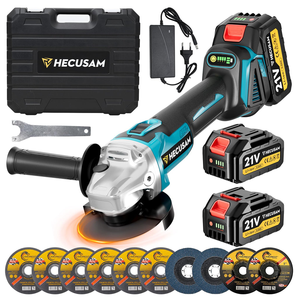 Akku Winkelschleifer 125mm, Flex Akku Winkelschleifer Set mit 2x 4.0Ah Akku, 1200W Bürstenloser Motor 4-stufige Regelung 10.500RPM, 10 Stk Schneidscheiben für Trennen, Schleifen & Bürsten