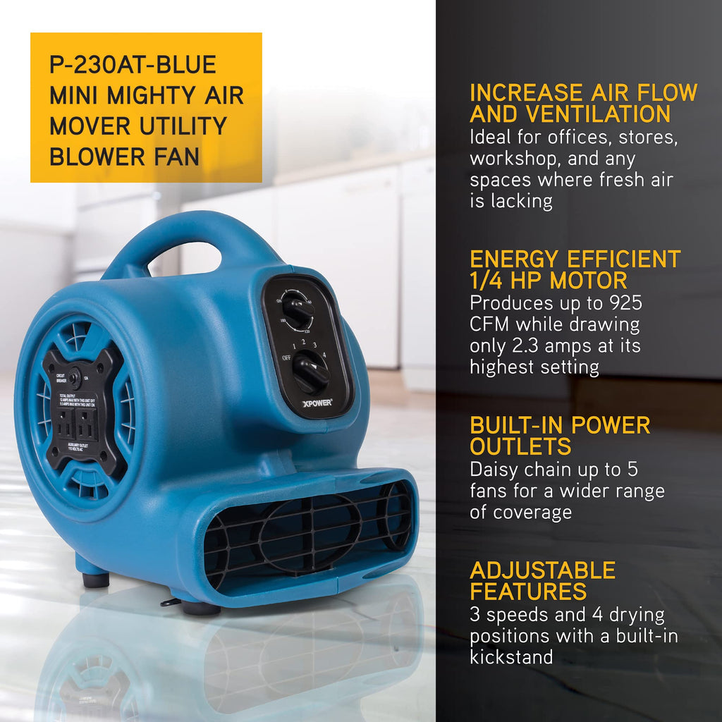 XPower P-230AT Mini Mighty 1/4 HP 925 CFM Centrifugal Air Mover, Carpet Dryer, Floor Fan, Blower, Stackable, Daisy Chain, for Water Damage Restoration, Janitorial, Plumbing, Home Use