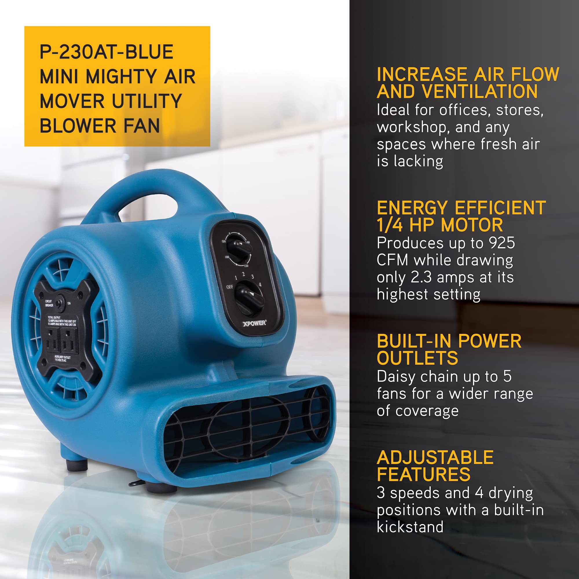 XPower P-230AT Mini Mighty 1/4 HP 925 CFM Centrifugal Air Mover, Carpet Dryer, Floor Fan, Blower, Stackable, Daisy Chain, for Water Damage Restoration, Janitorial, Plumbing, Home Use